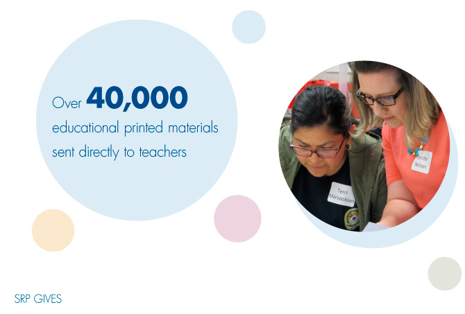 Graphic with image of teachers working and following info listed: over 40,000 educational printed materials sent directly to teachers.