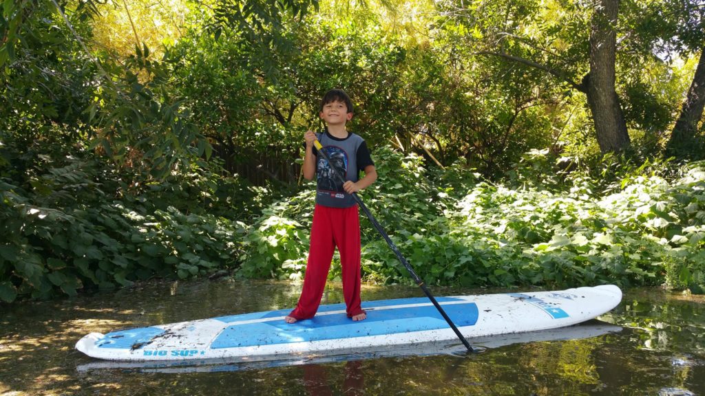 Image shows a young boy on a paddleboard surrounded by shallow irrigation water.