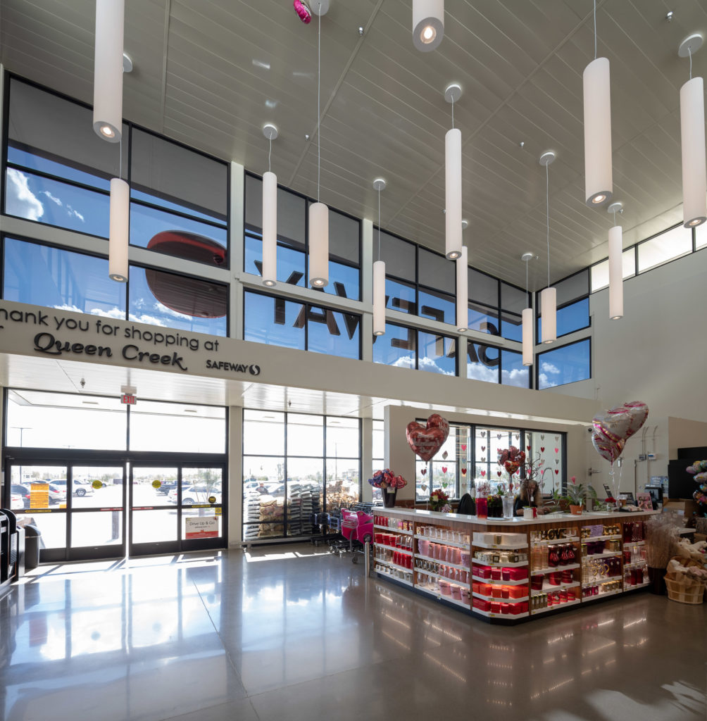 The entrance of the Safeway Queen Creek store features LED lighting