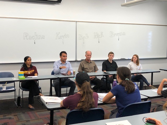 A panel of SRP employees speak to students/