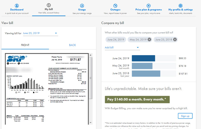 Screenshot of the new bill tab in SRP My Account