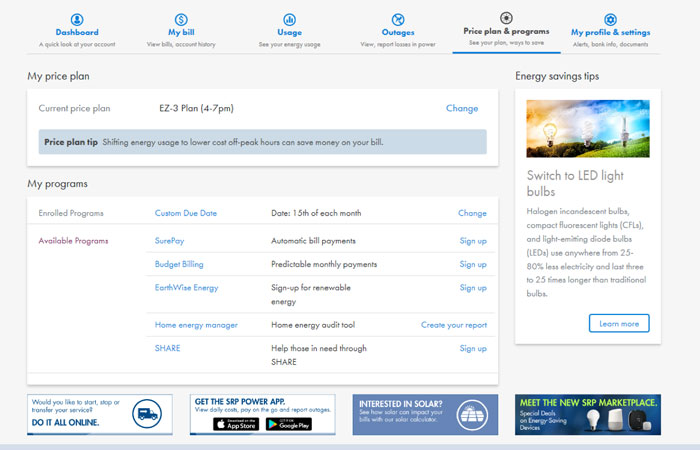 Screenshot of the new Price plan and programs tab in SRP My Account